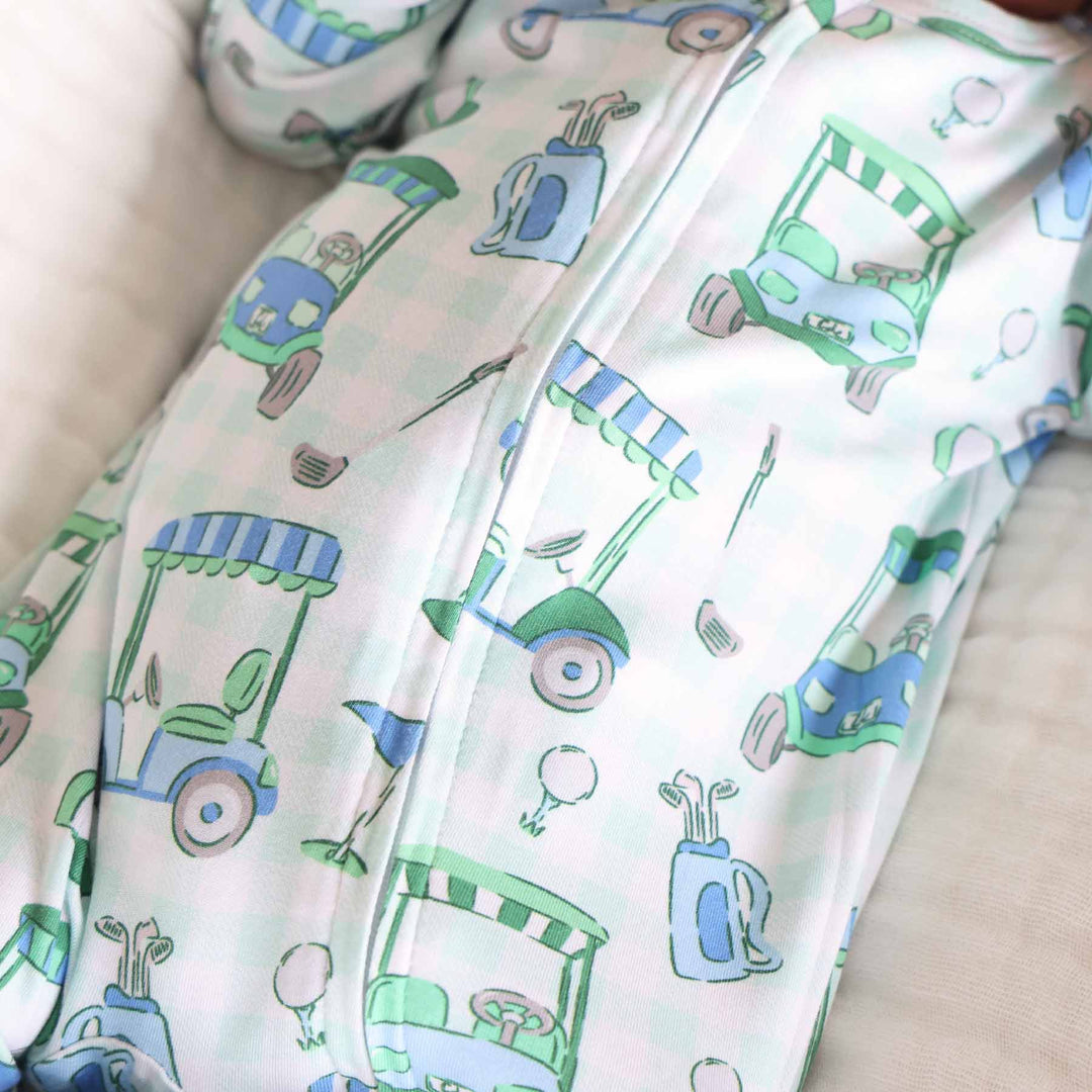 blue and green golf themed footie for baby boys 