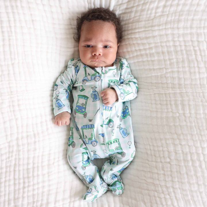blue and green golf cart zipper footie pajama for baby boys 