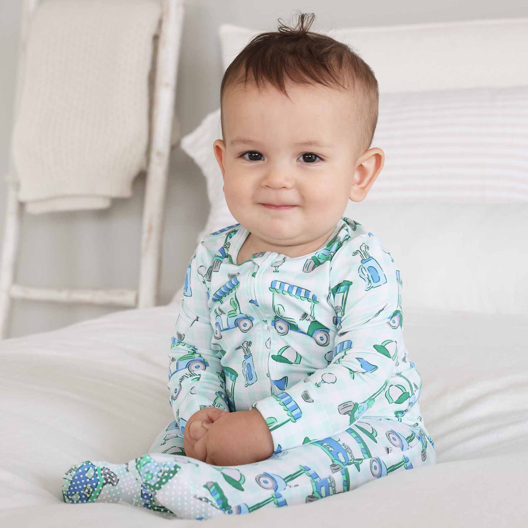 birdie babes blue and green zipper footie 