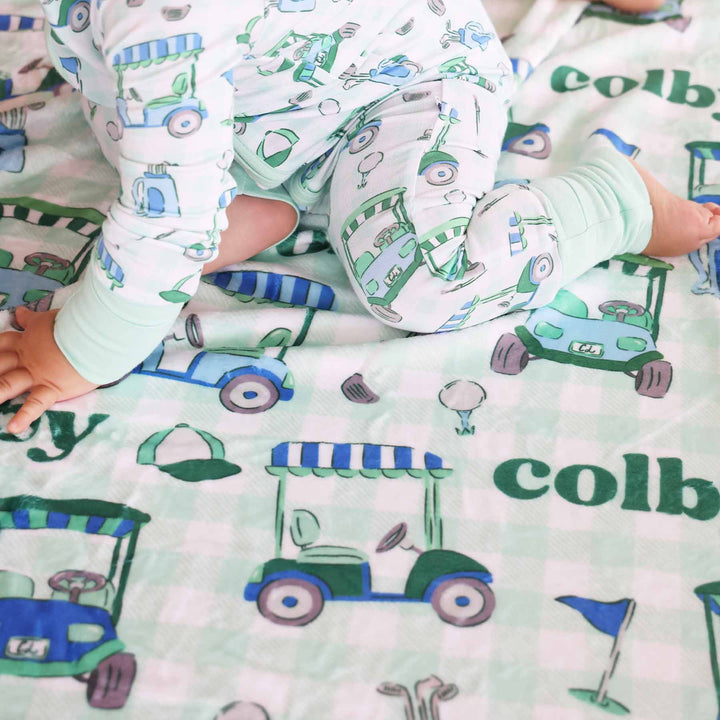 golf cart, golf ball and club blue and green personalized kids blanket 