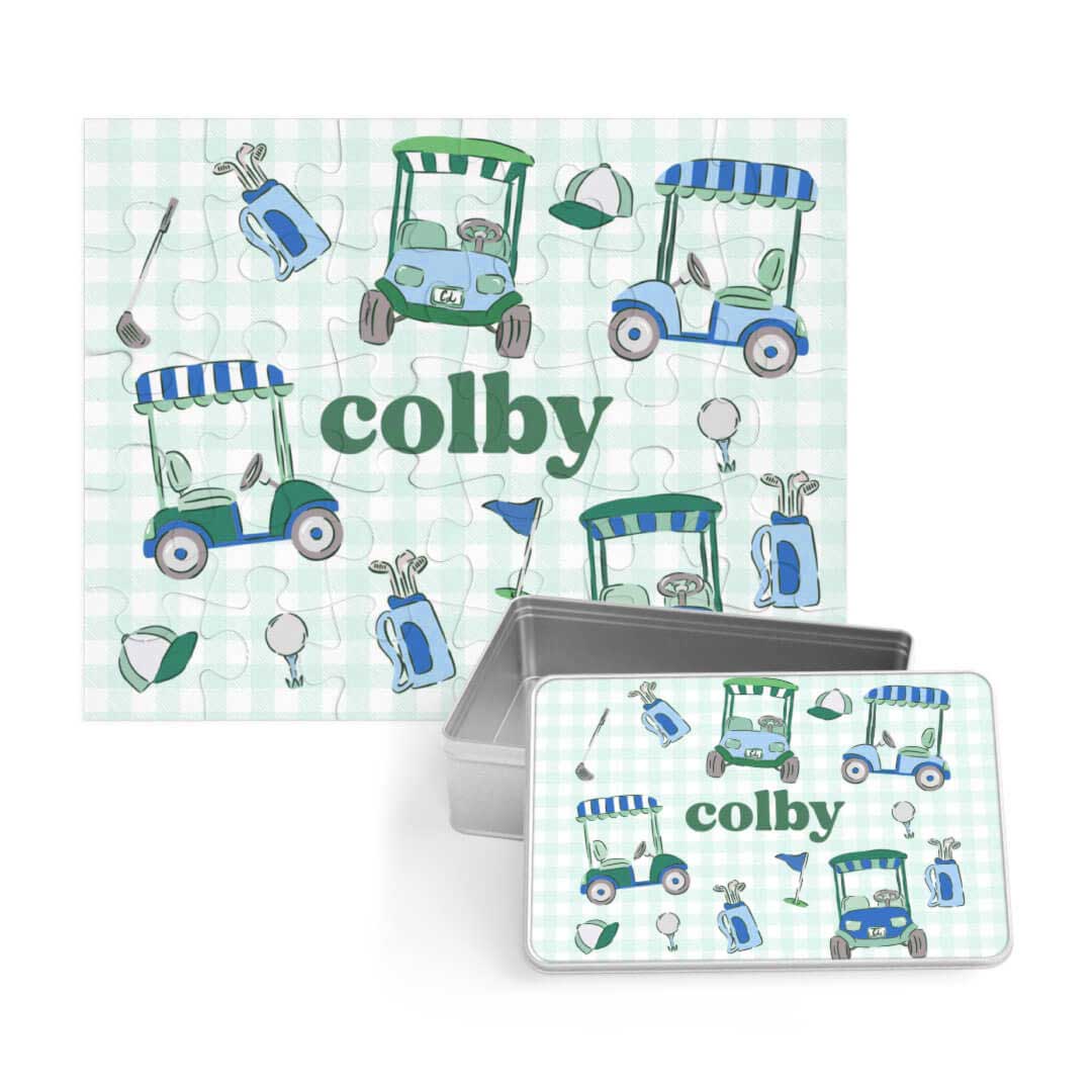 green golf personalized puzzle for boys with matching tin 