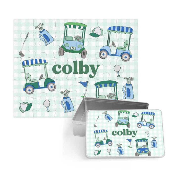 green golf personalized puzzle for boys with matching tin 