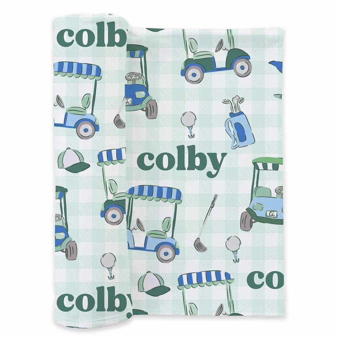 blue and green golf personalized swaddle blanket for boys 