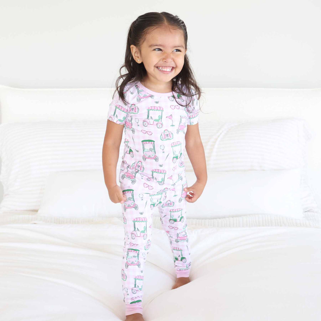 pink golf two piece pajama set for girls 