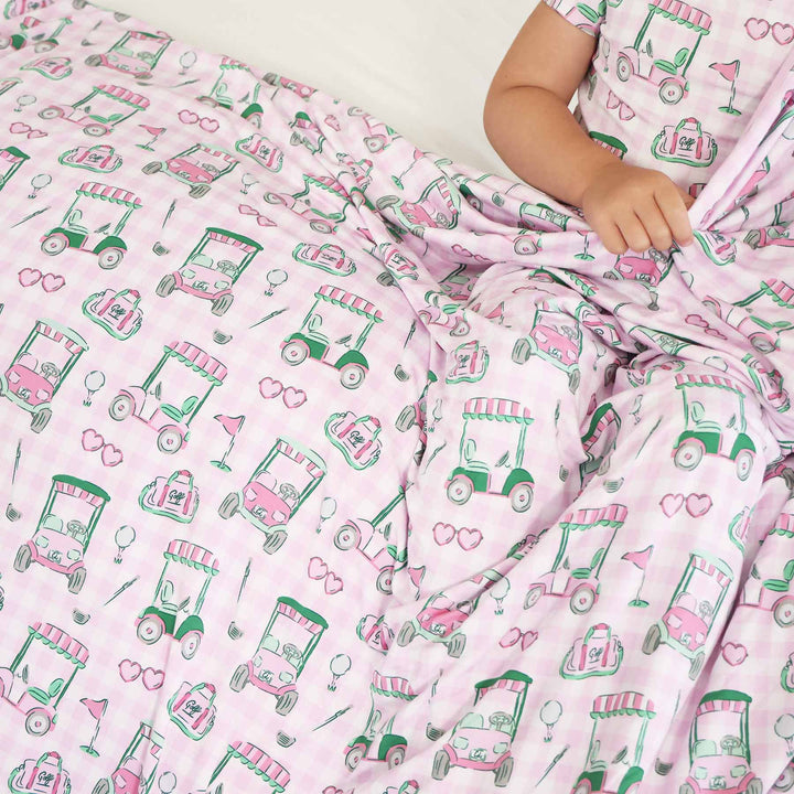 girls pink golf themed bamboo blanket for girls 