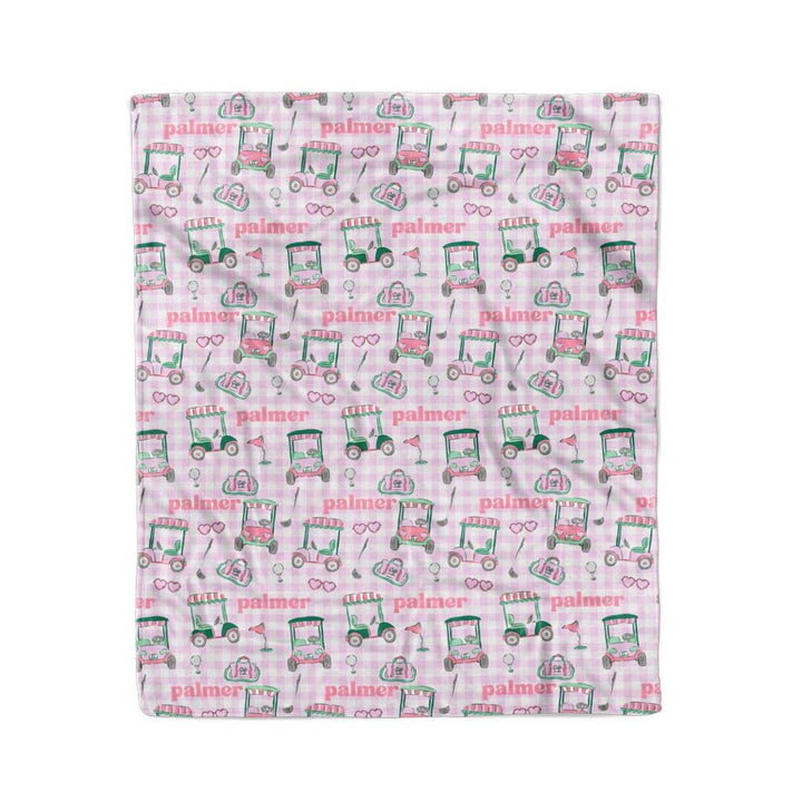 golf cart, golf club, duffel bag and heart sunglasses personalized blanket for girls pink 