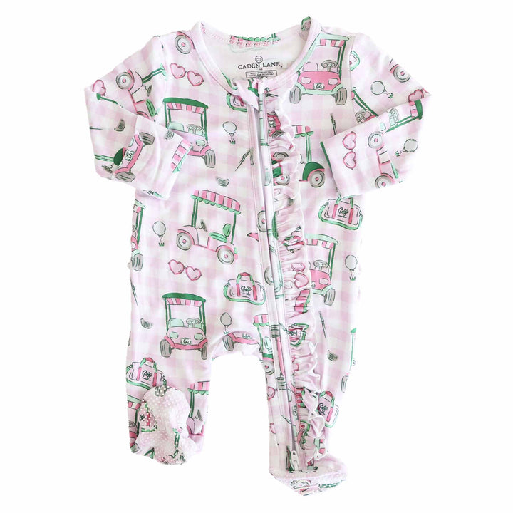 birdie babes pink ruffle zipper footie for girls 
