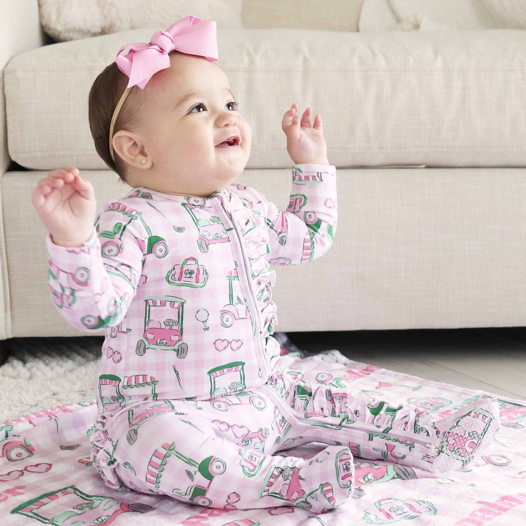 golf cart, golf bag, golf ball and heart sunglasses pink ruffle zipper footie for girls 