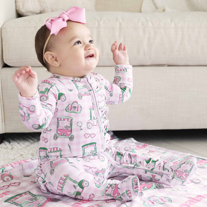 golf cart, golf bag, golf ball and heart sunglasses pink ruffle zipper footie for girls 