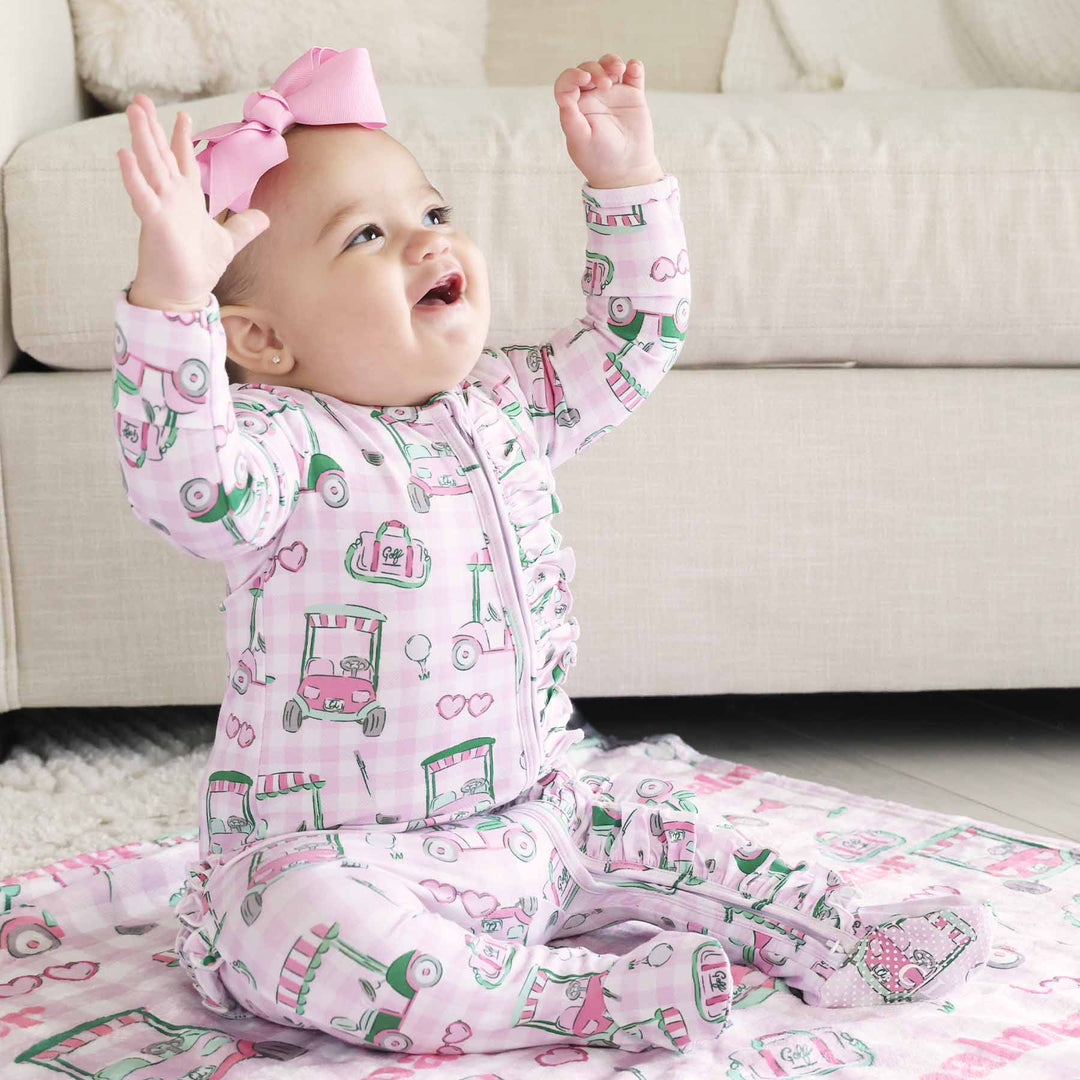 baby girl ruffle zipper footie pajama golf themed 