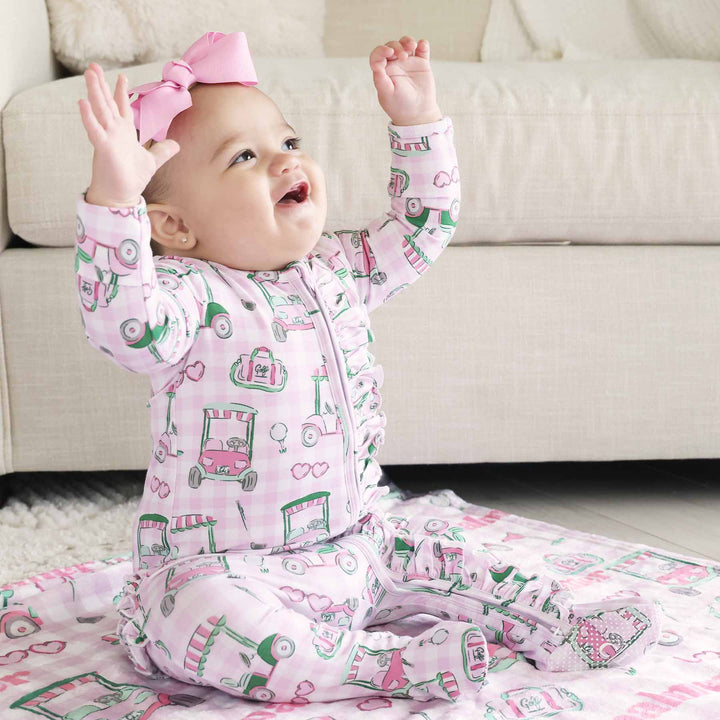 baby girl ruffle zipper footie pajama golf themed 