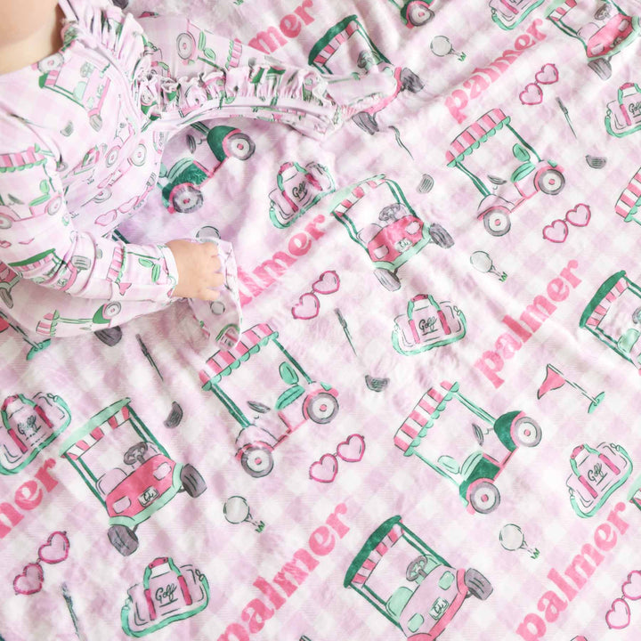 girls personalized golf themed blanket pink