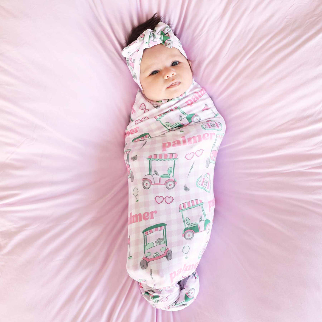 pink golf themed personalized name swaddle blanket for girls 