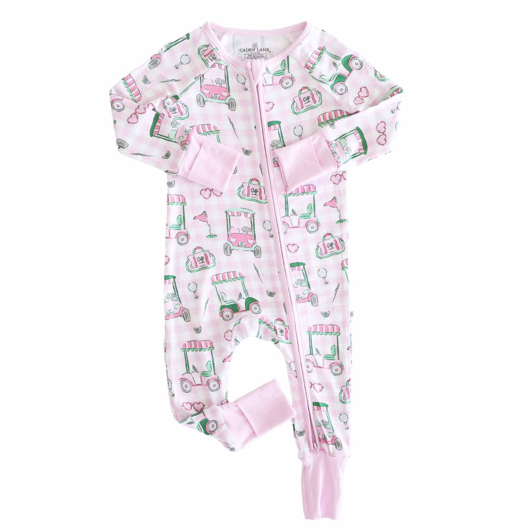 pink golf cart, club, ball and flag convertible zip romper pajama for baby and toddler girls 