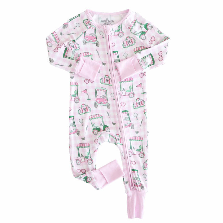 pink golf cart, club, ball and flag convertible zip romper pajama for baby and toddler girls 