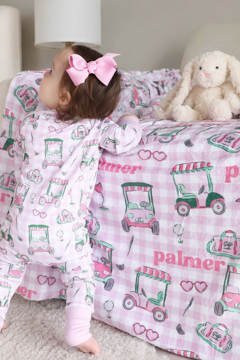 girls personalized golf themed name blanket with golf carts
