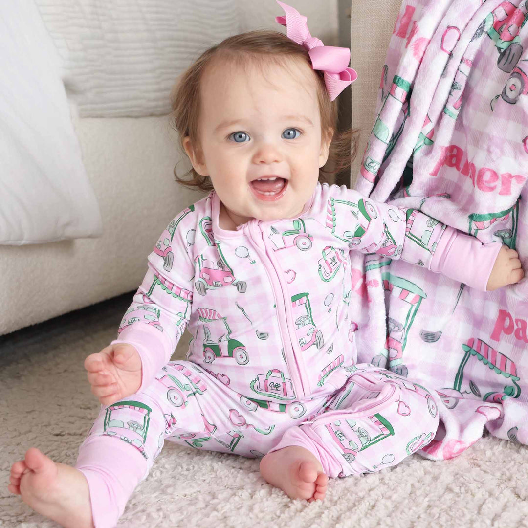 pink plaid golf themed bamboo pajama romper for babies and toddlers 