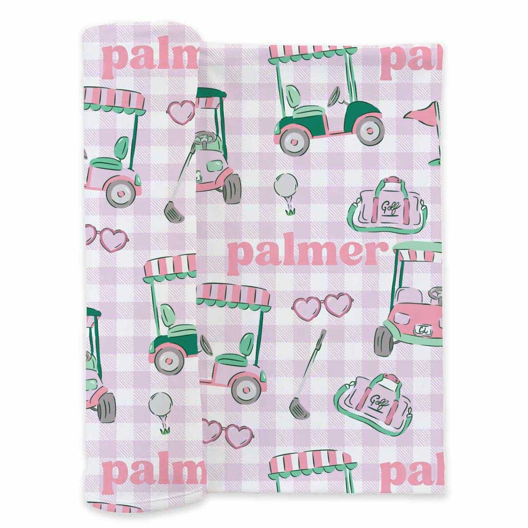 pink golf personalized swaddle blanket for newborns girls 