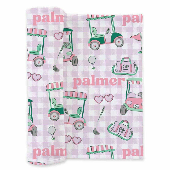 pink golf personalized swaddle blanket for newborns girls 