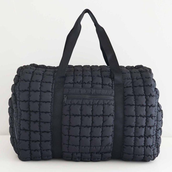 black square quilted duffel bag for women
