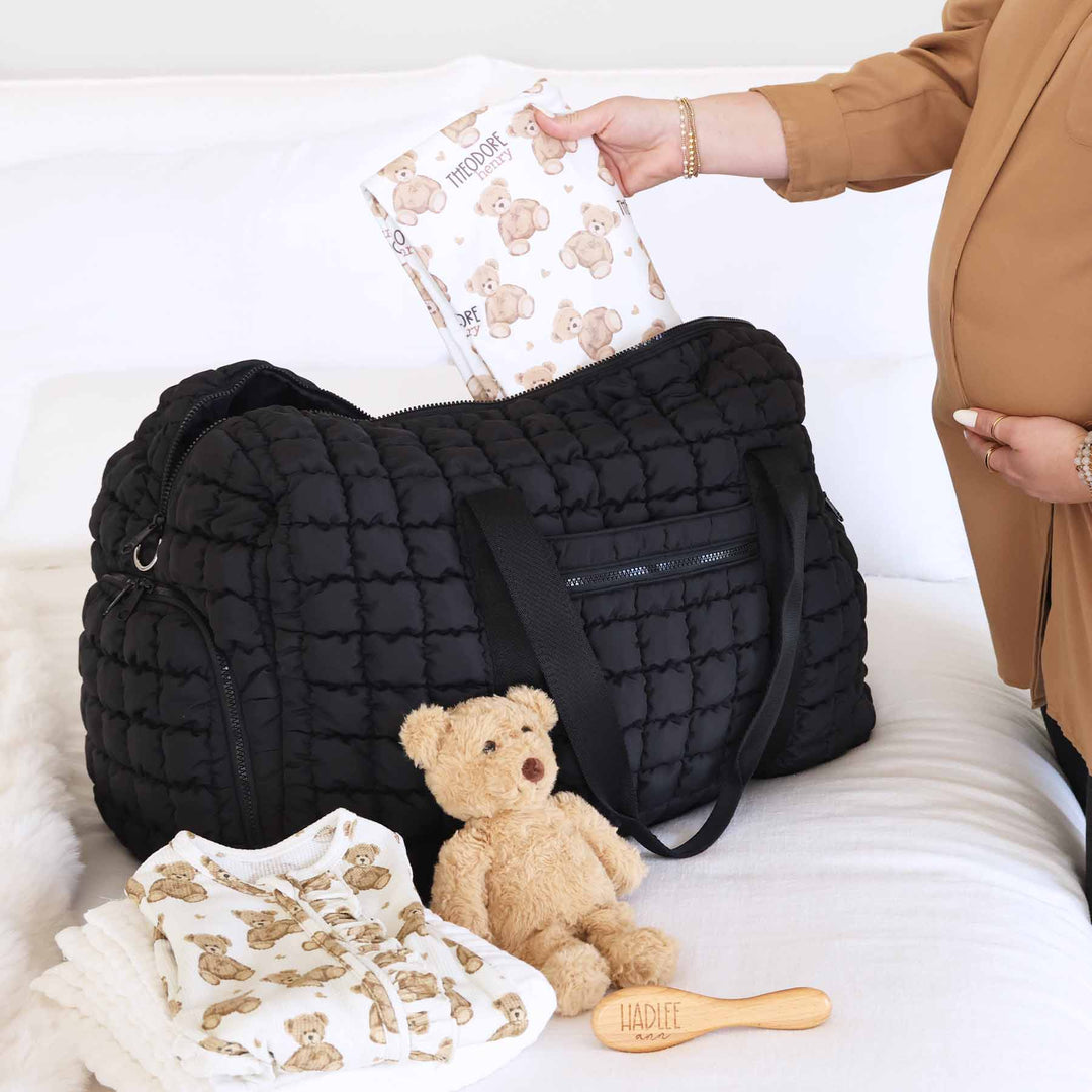 black quilted overnight bag for women