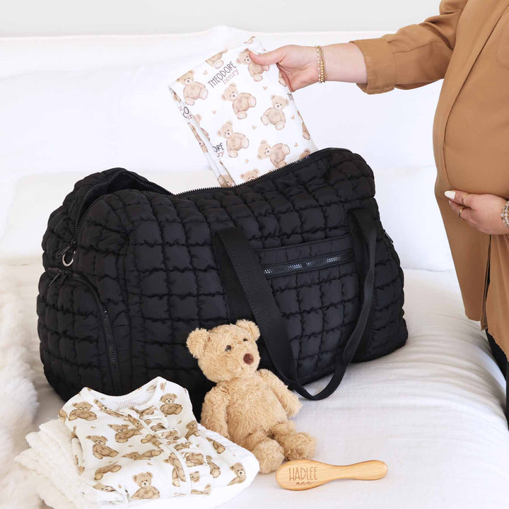 black quilted overnight bag for women