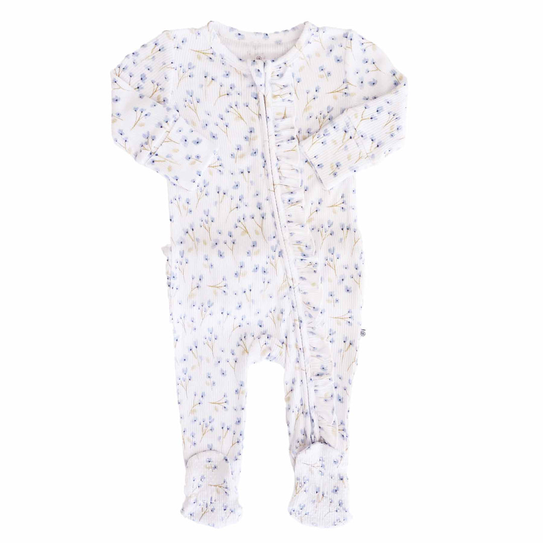 blue floral ruffle zipper footie for babies 