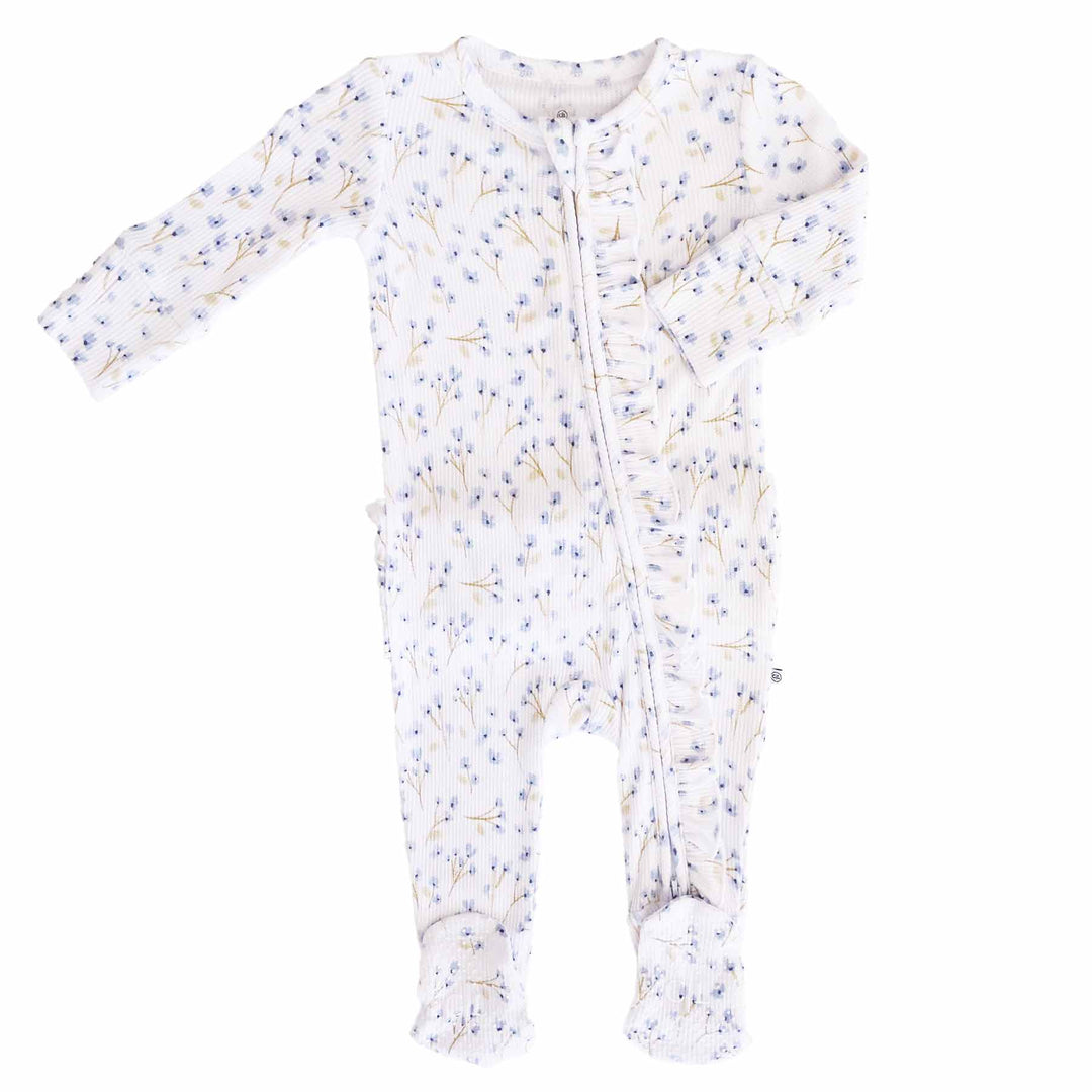 blue floral zipper footie for baby girls 