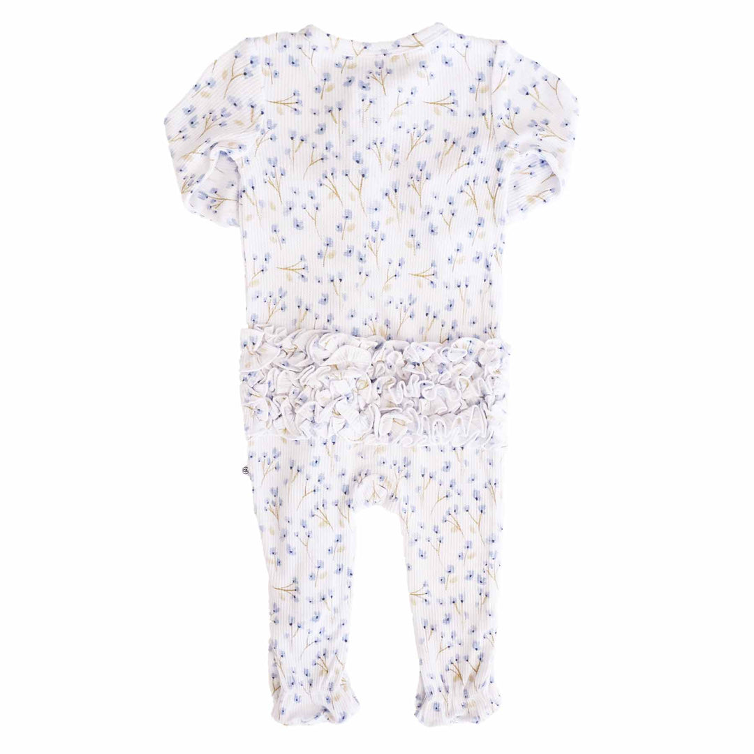 bamboo waffle zipper ruffle footie for baby girls with blue flowers