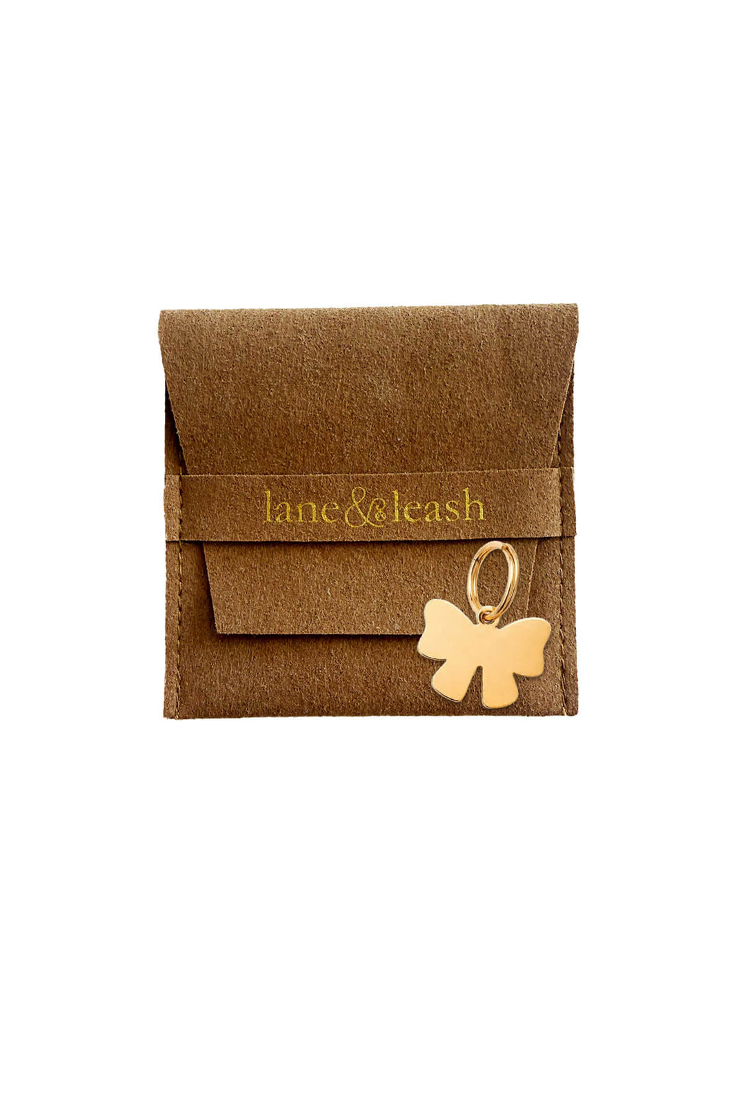 suede bag and bow id tag
