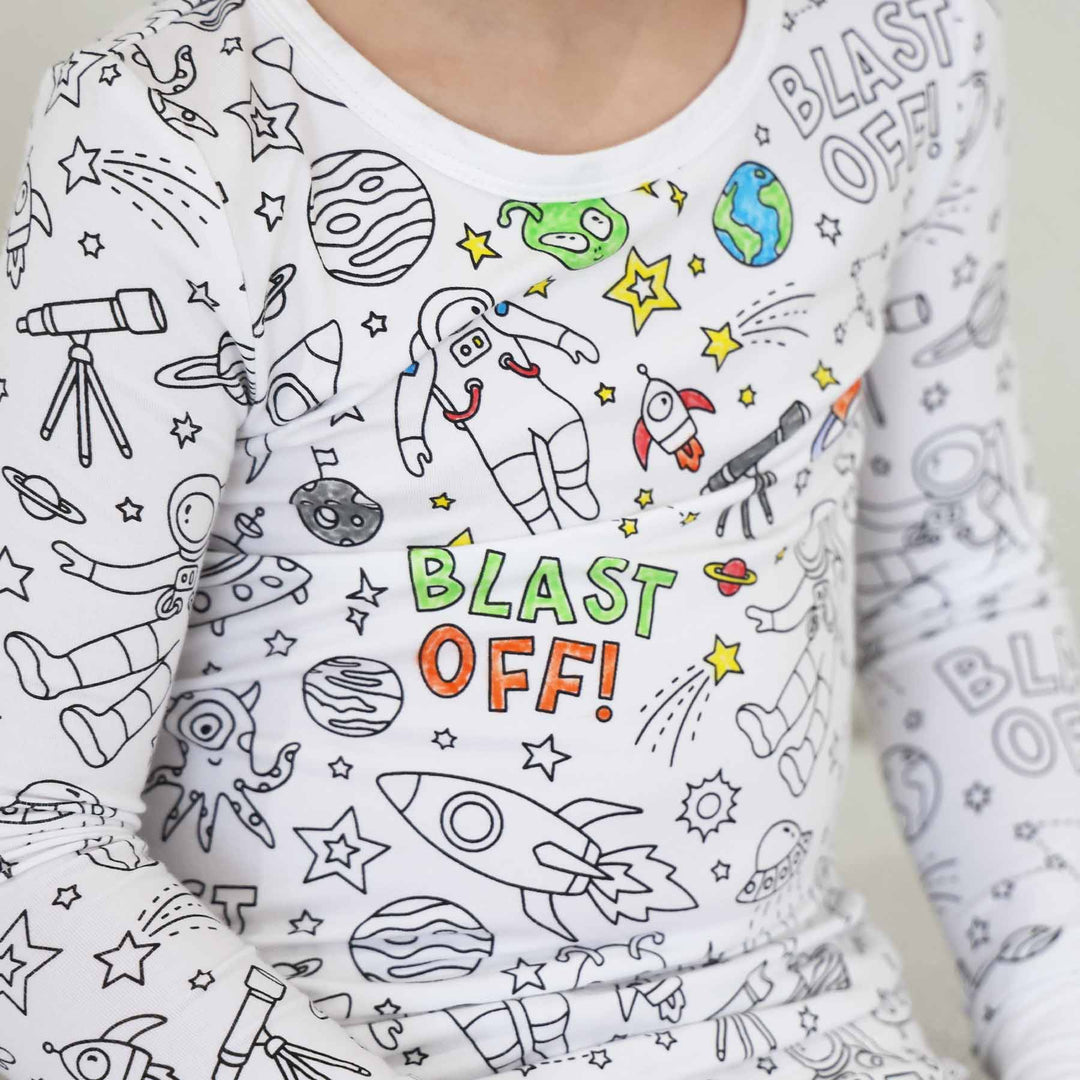 astronaut and planet space themed kids two piece pajama set 