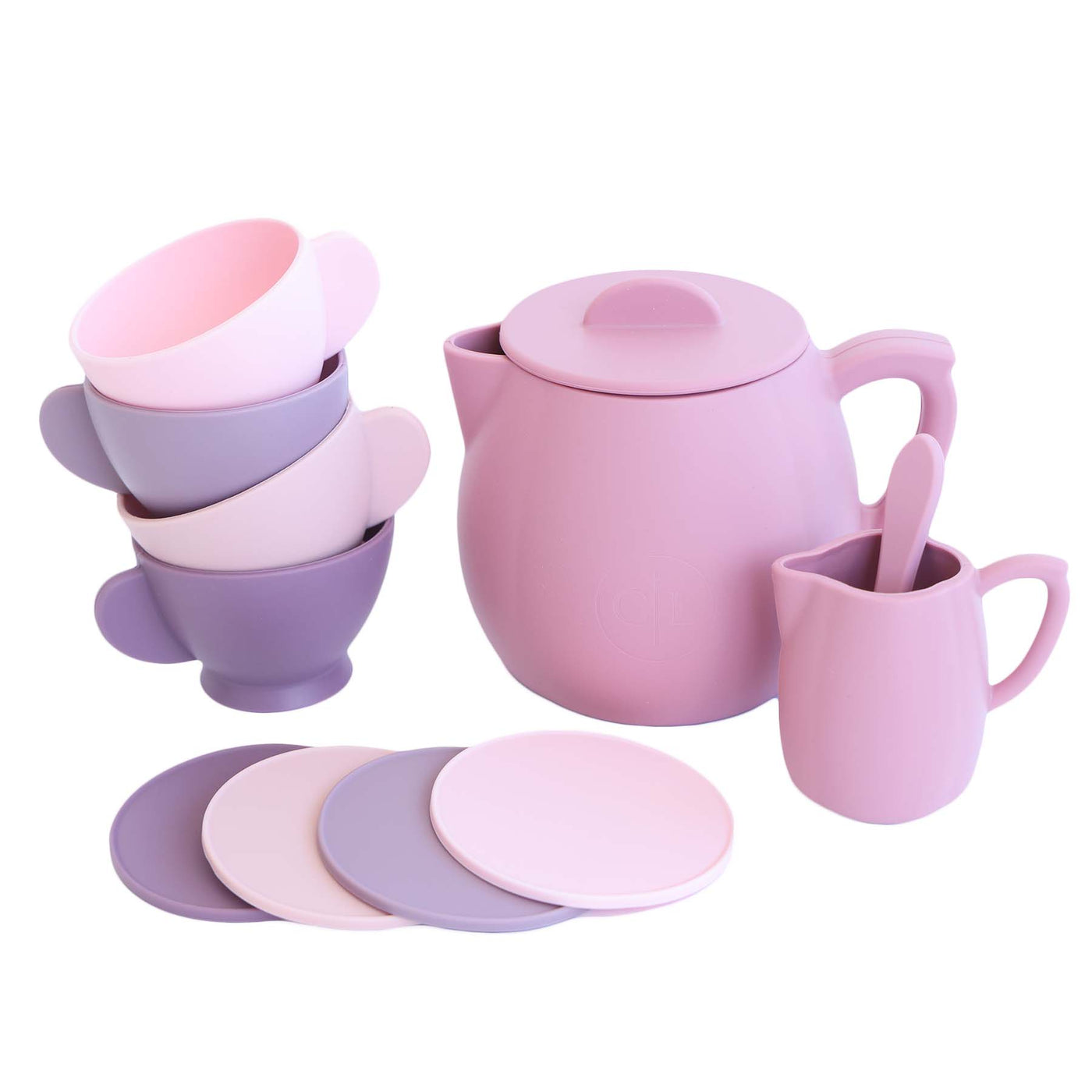 silicone tea set for kids pink and purple
