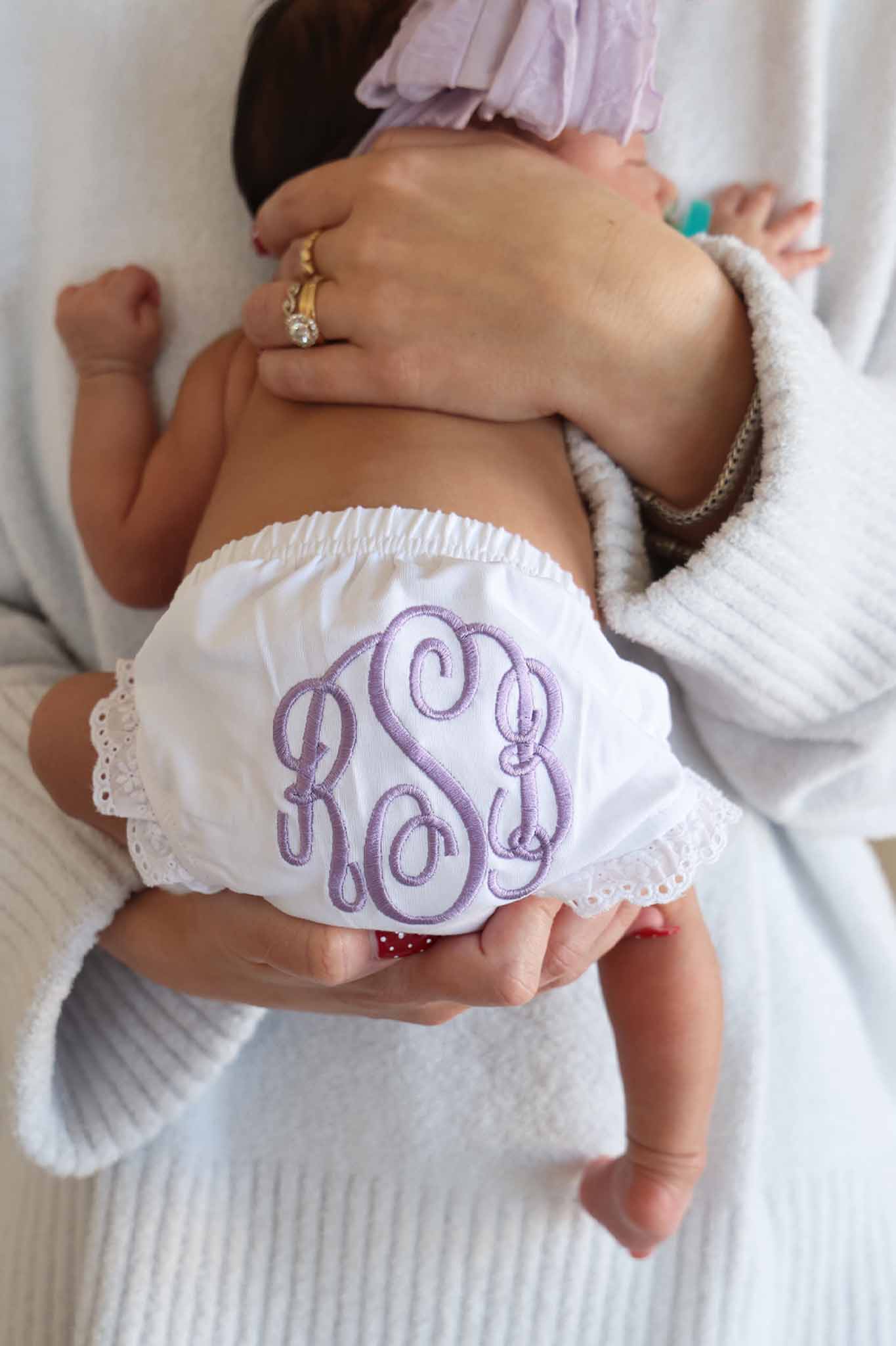 white lace detail embroidered monogram bloomer with purple thread 