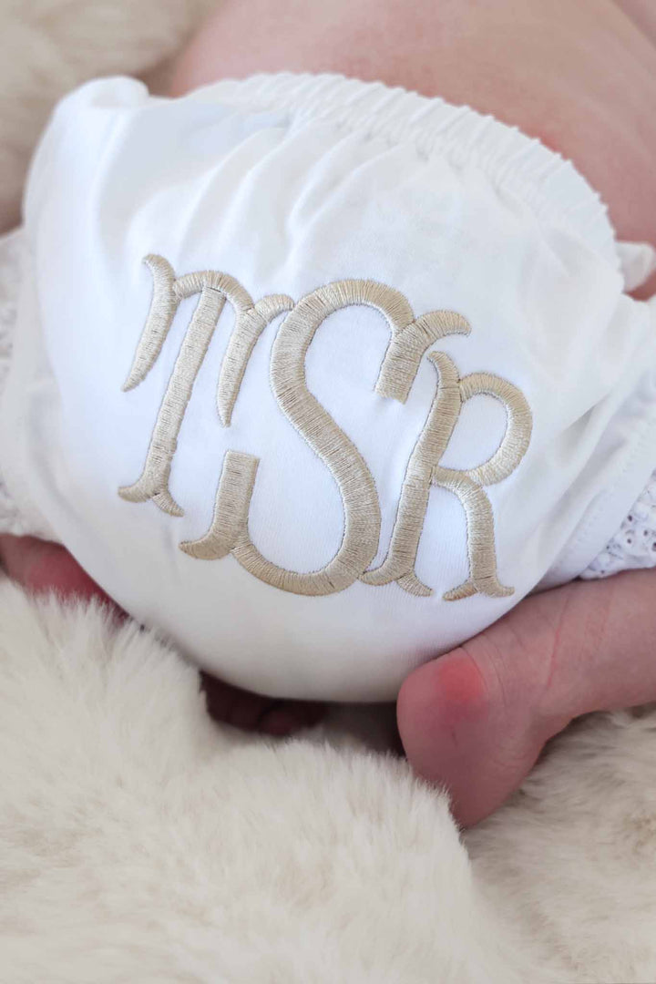 block font monogrammed bloomers for babies in neutral thread