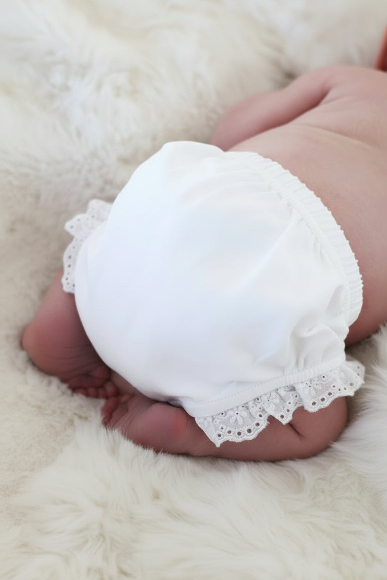 block font monogrammed bloomers for babies in neutral thread