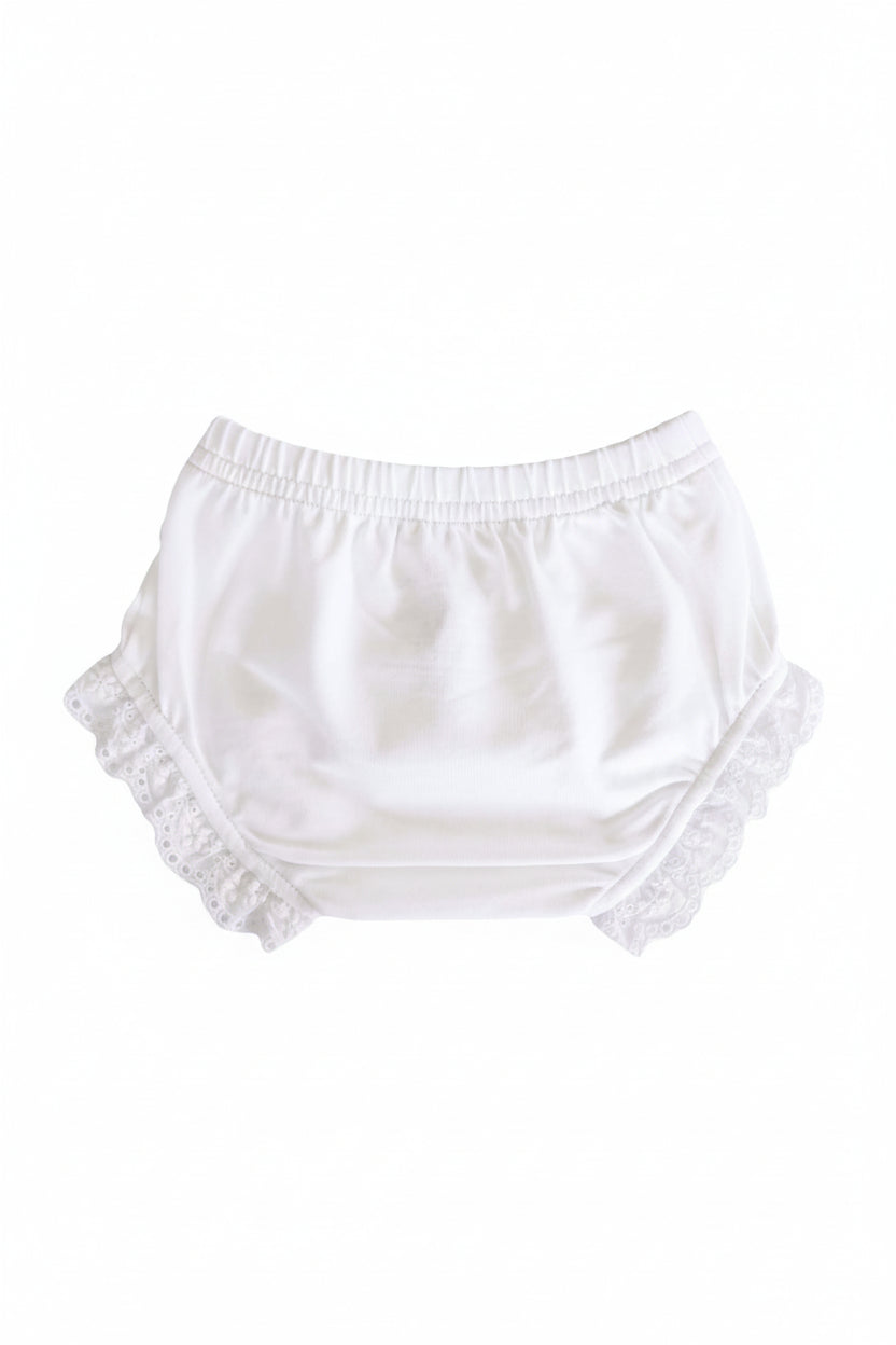 white ruffle leg diaper bloomers for babies
