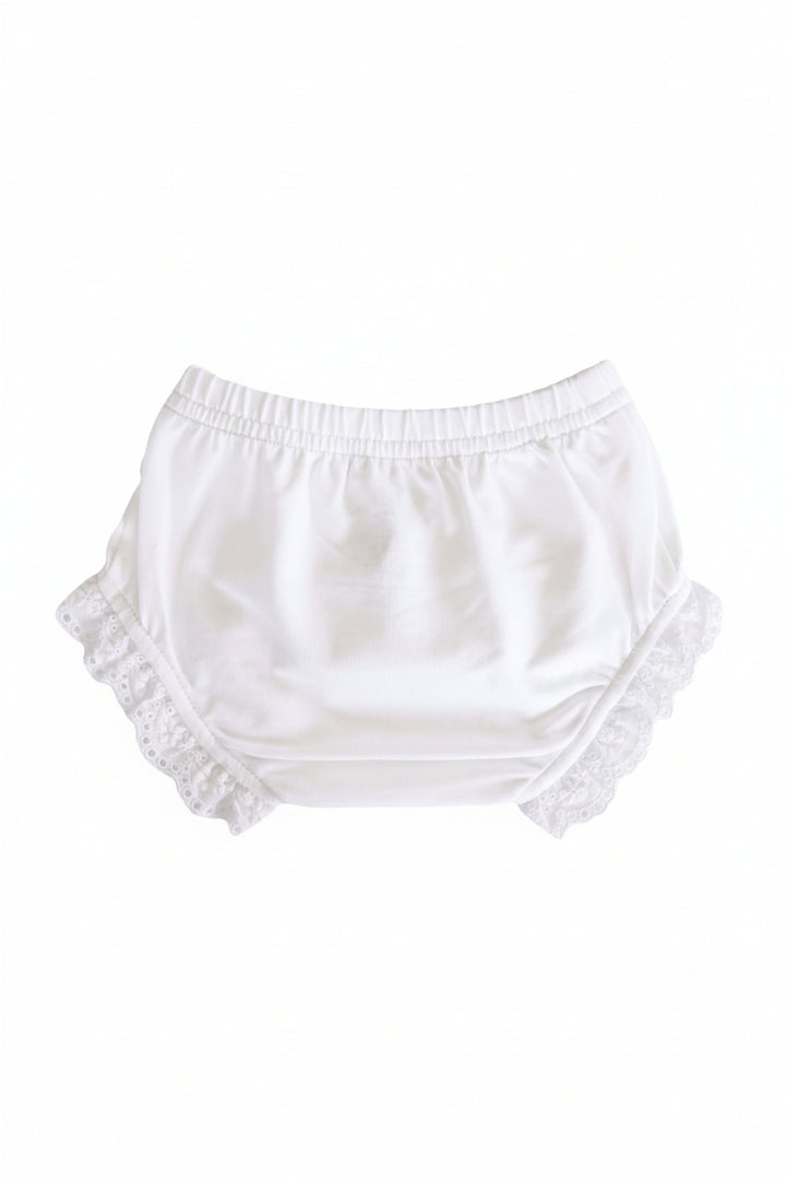 white ruffle leg diaper bloomers for babies