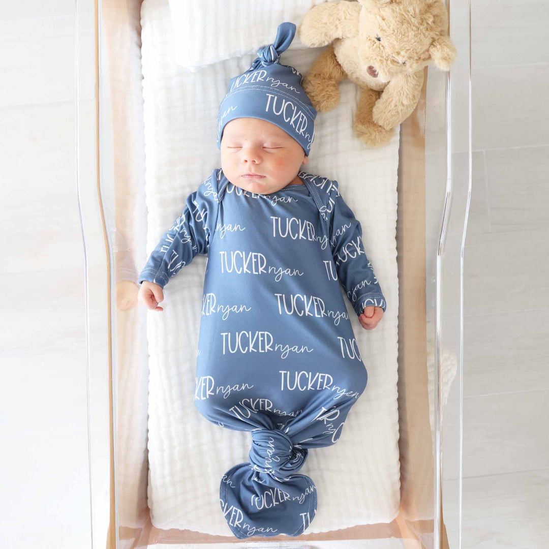 dusty blue personalized name knot gown for baby boys 