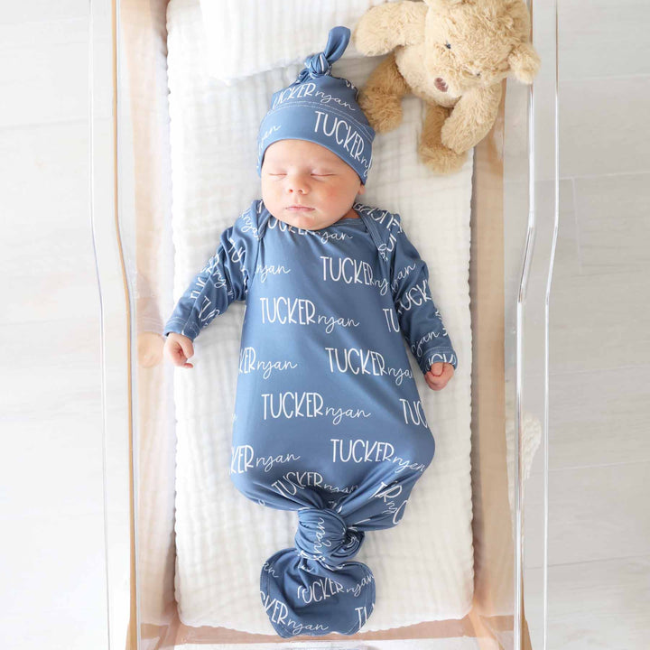 dusty blue personalized name knot gown for baby boys 