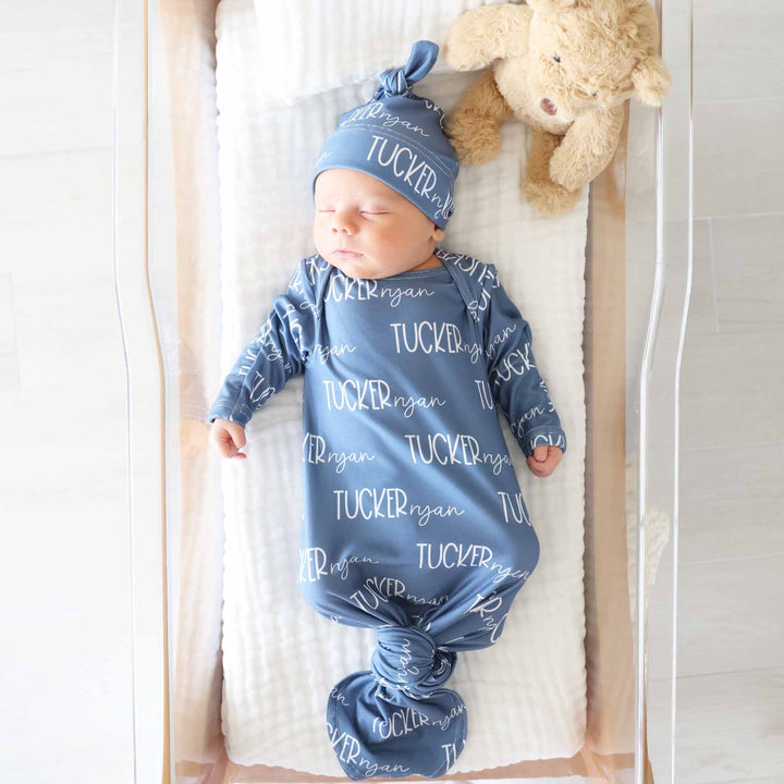 knot gown and hat personalized dusty blue newborn outfit 