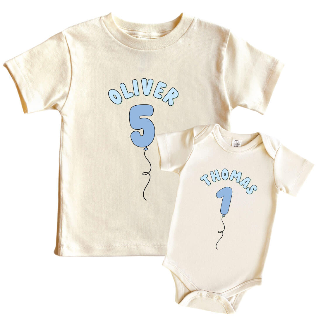 personalized graphic tees and bodysuits with number balloon to show off child's age for birthday