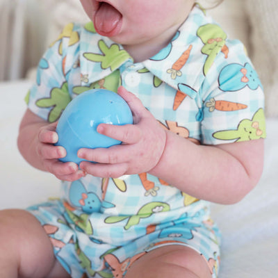 blue easter button romper for babies 