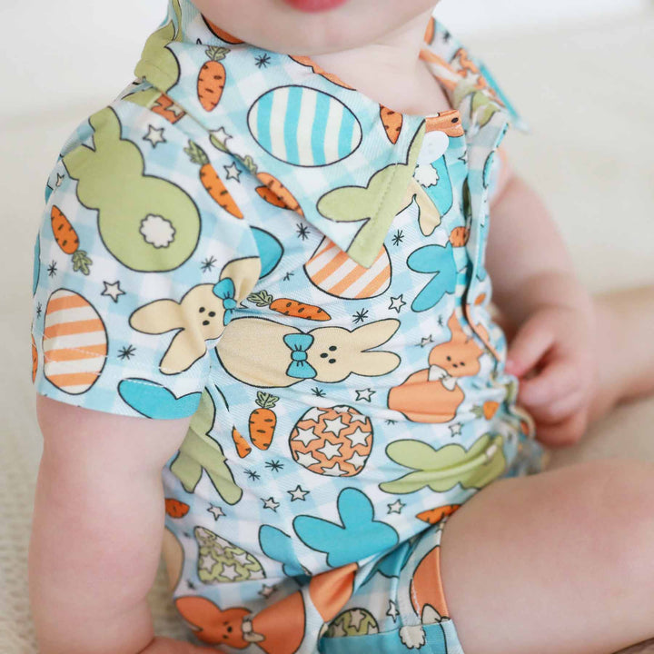 blue, orange and yellow short sleeve button romper for baby boys 