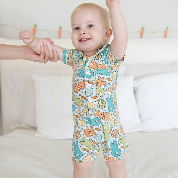 boy easter collared button romper for babies short sleeves and shorts 