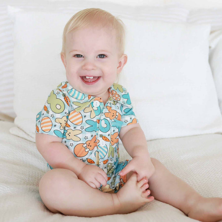 blue collared button romper for baby boys 