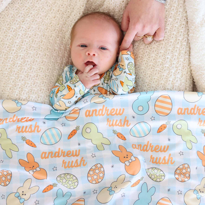 blue easter personalized swaddle blanket for babies