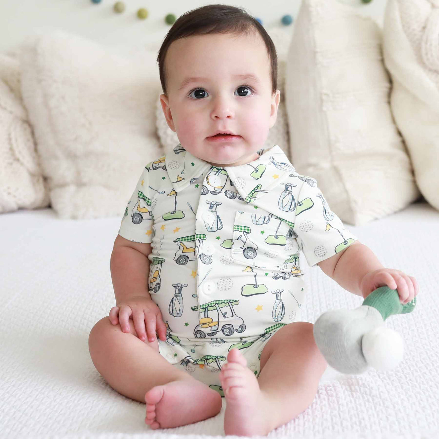 golf themed button romper for babies 