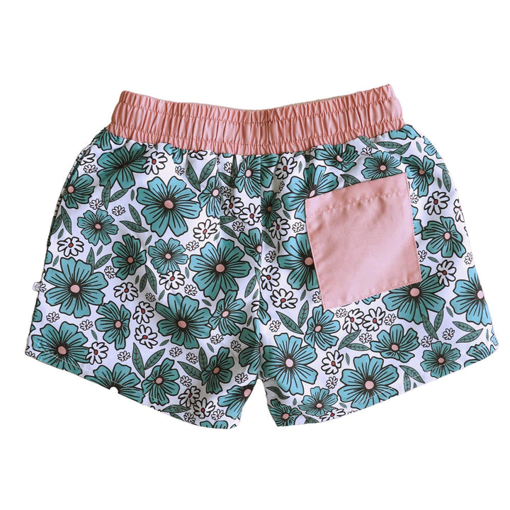 turquoise flower swim trunks 