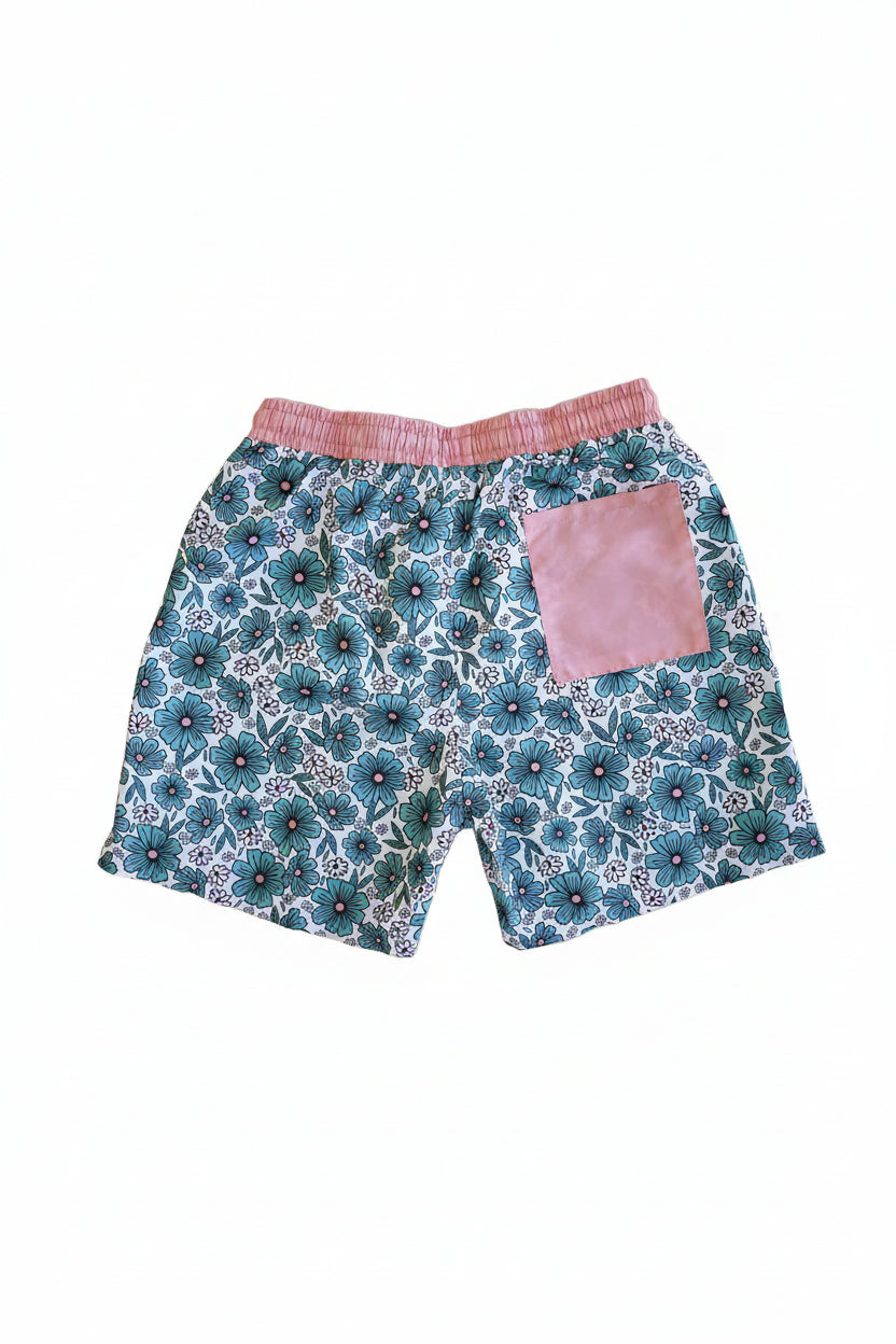 men's swim trunks teal flowers 