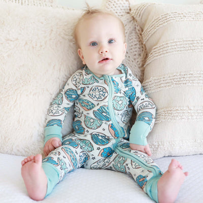 blue donut pajama romper for babies convertible 